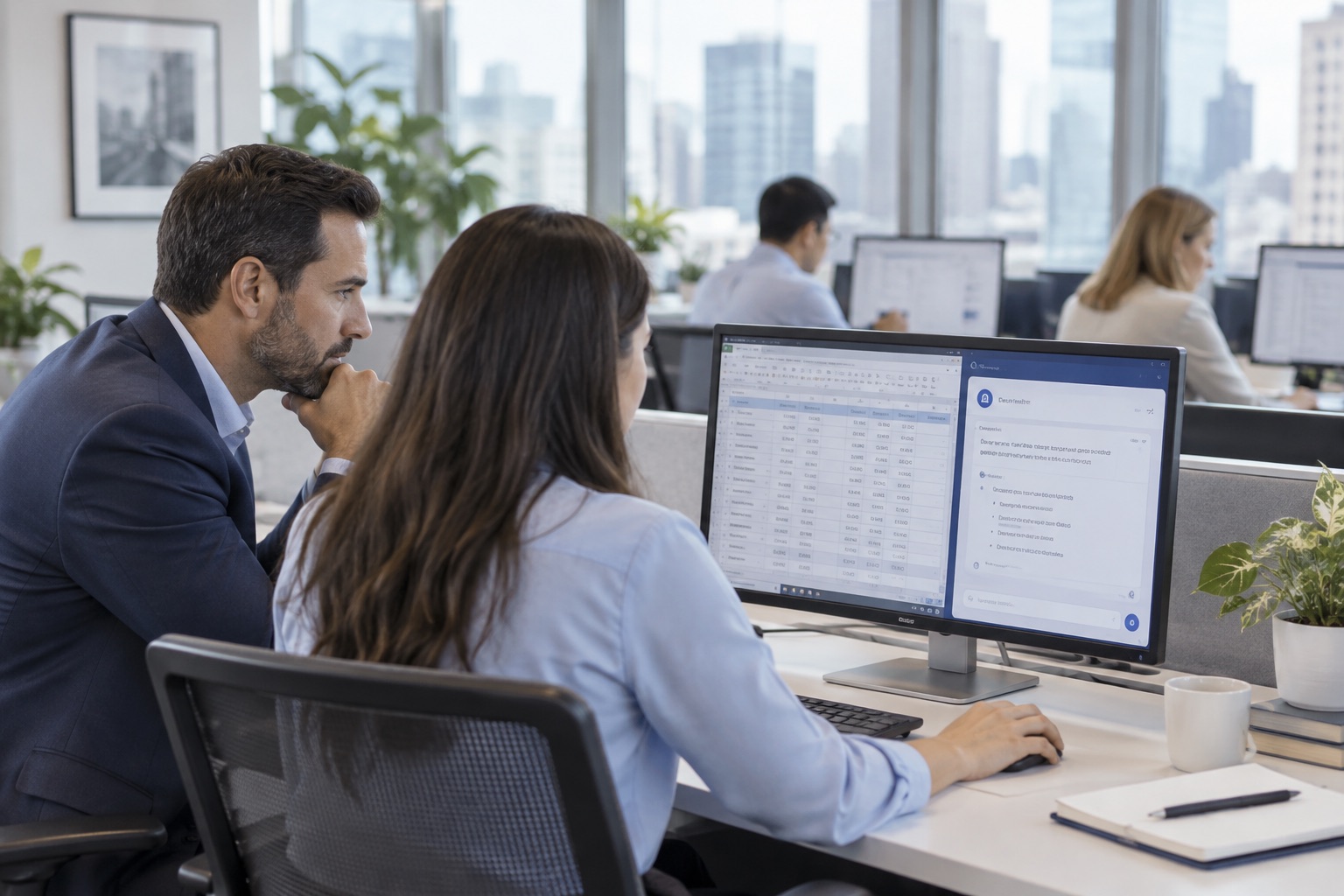 A Lumiwealth trainer sitting beside an analyst at her desk, working through her spreadsheet with an AI assistant