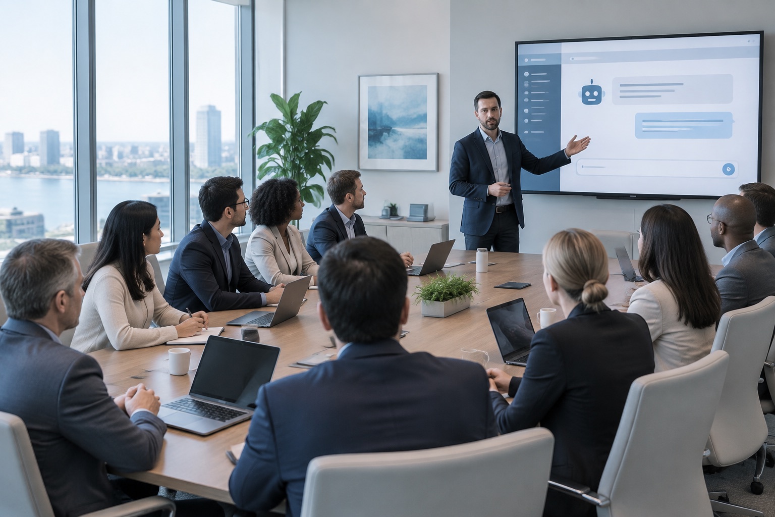 A Lumiwealth trainer presenting to a full boardroom at a financial firm