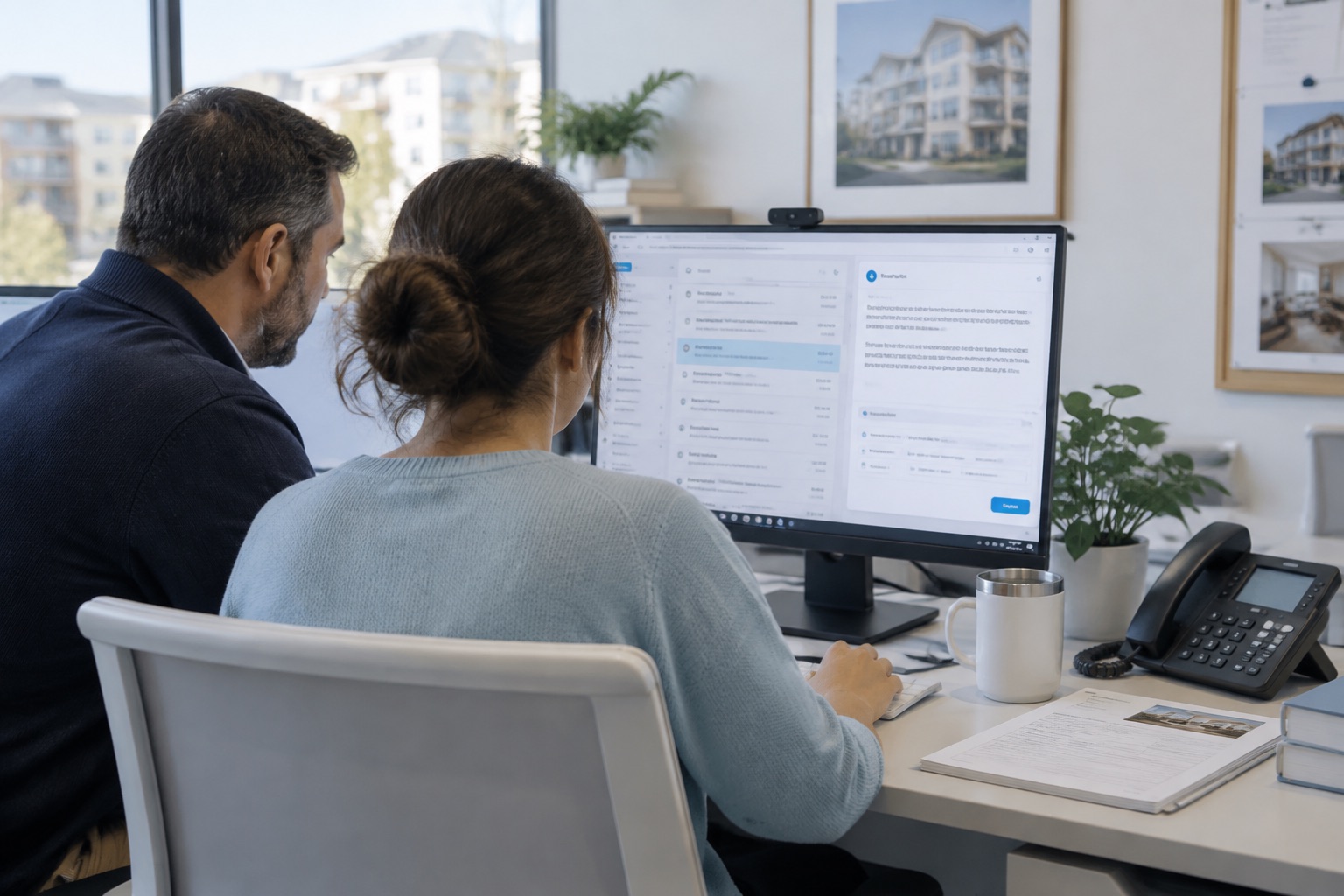 One-on-one coaching at a coordinator's desk in a property management office
