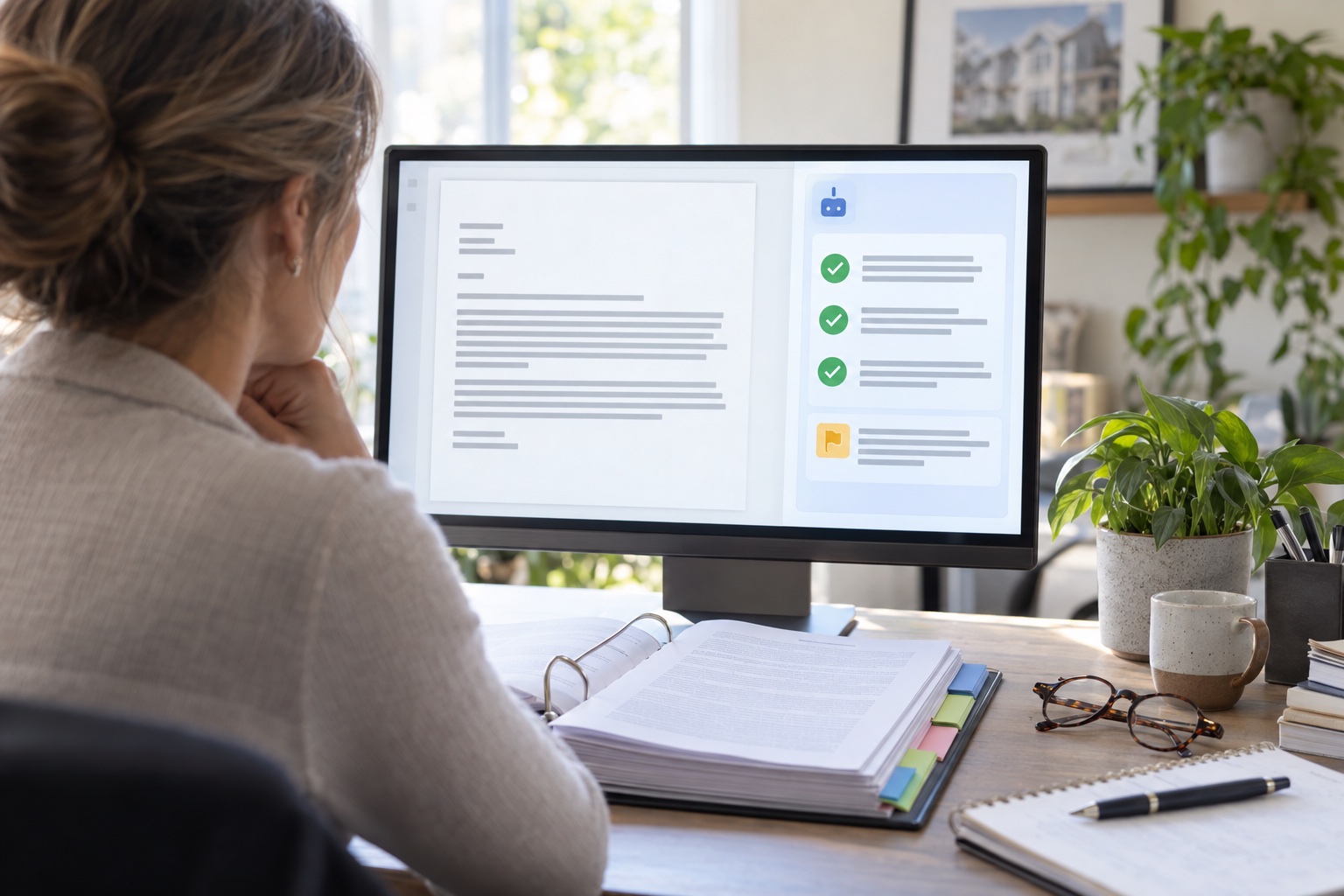 A property manager reviewing a tenant notice while an AI assistant checks it against the current rules