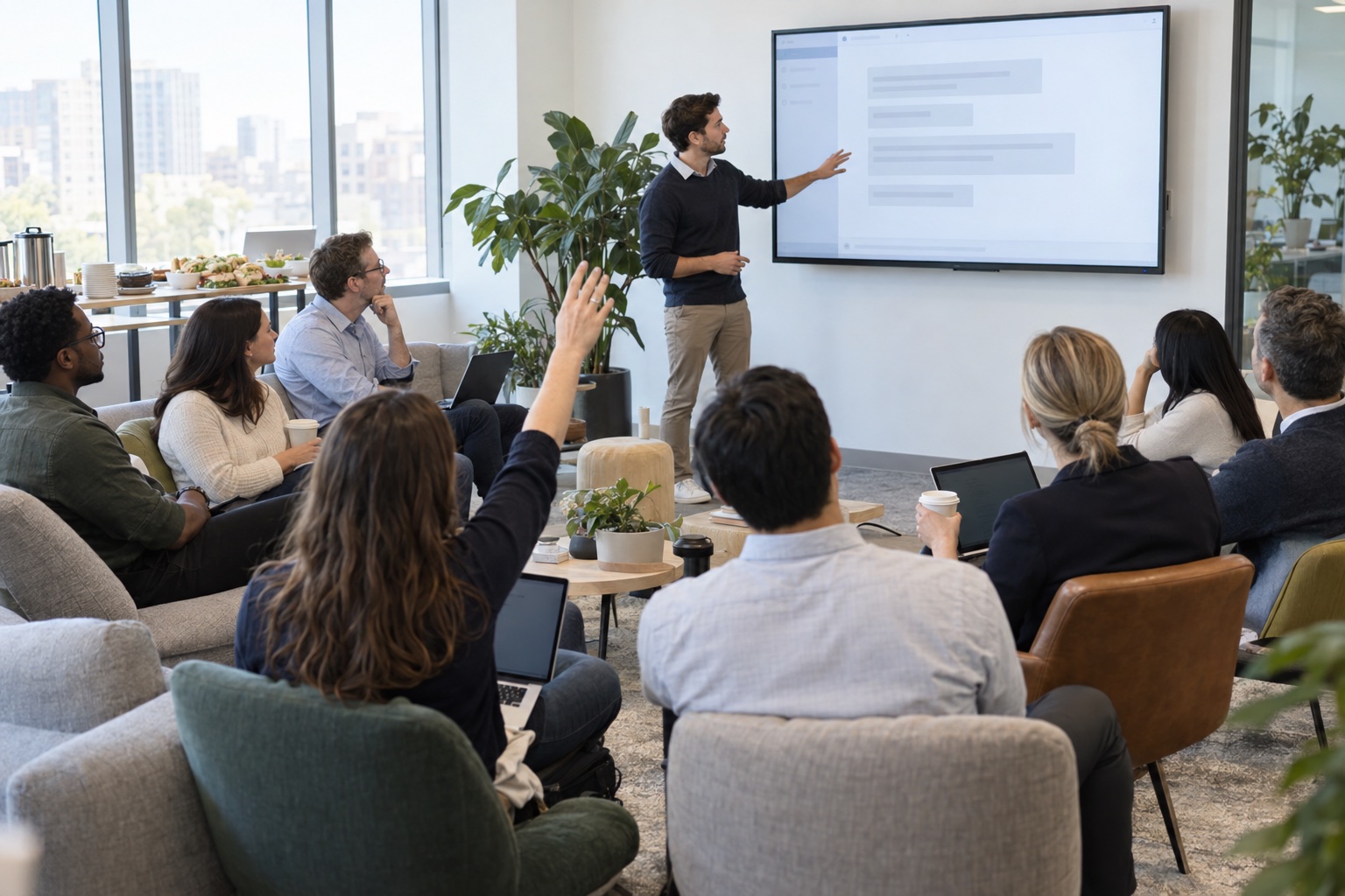 A quarterly refresher session where a presenter shows a team what is new in their AI tools